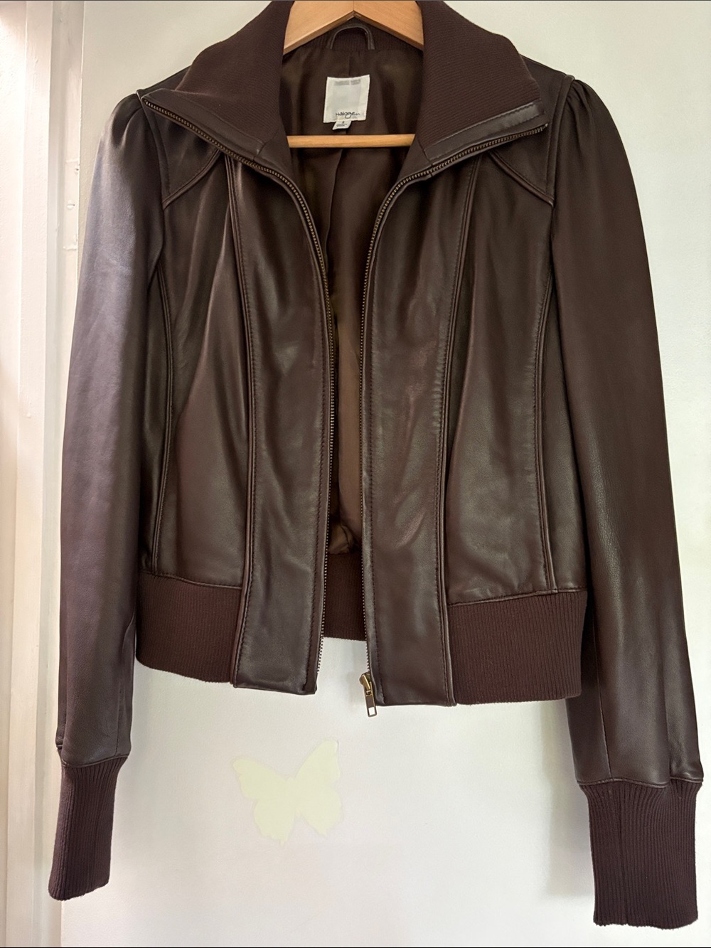 Halogen Vintage Nordstrom Leather Bomber Jacket Puff Shoulders Cozy Cloth 2005